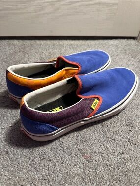 Vans Slip-On Blue Suede with Orange Trim and Multicolor Heel